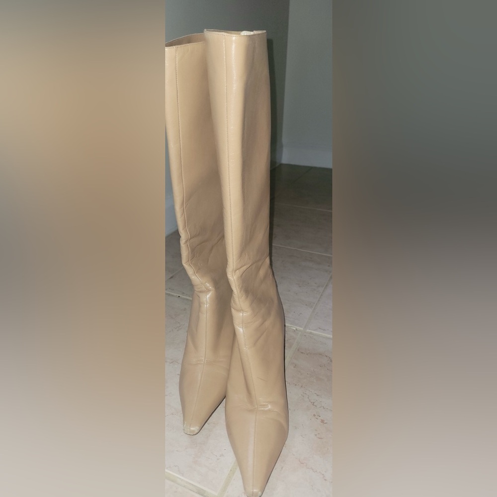 Jimmy Choo Beige Knee-High Pointed-Toe Leather Boots